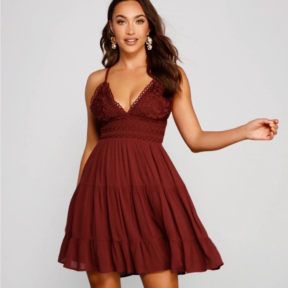 Chocolate Burgundy Lace Mini Dress